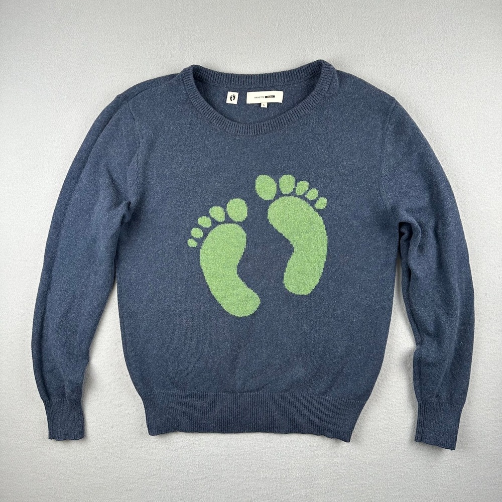 Hang Ten Gold Sweater Mens Large Blue Green Footprint Logo Cotton Merino Wool